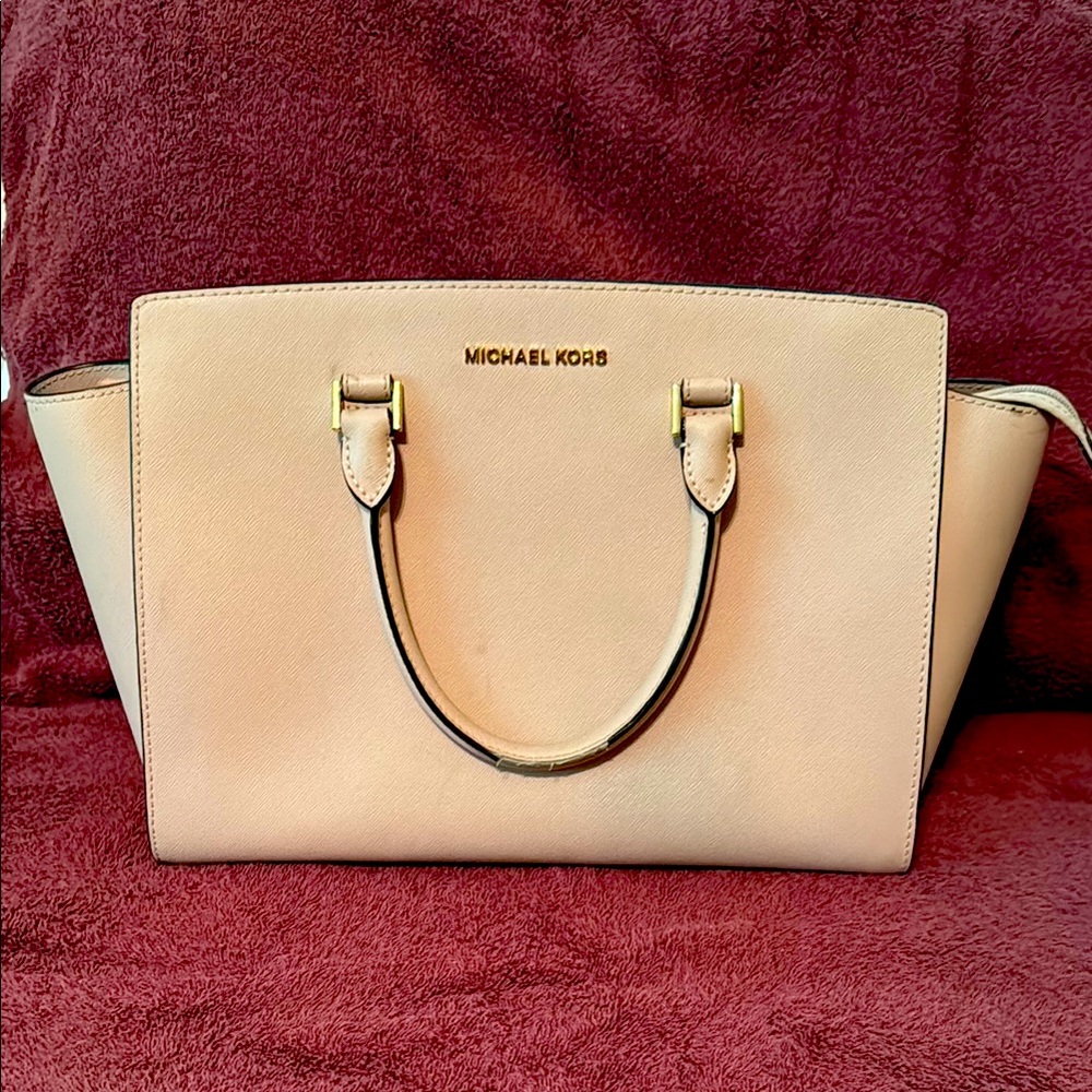 Michael Kors Cream Satchel with Winged Design and Gold Hardware